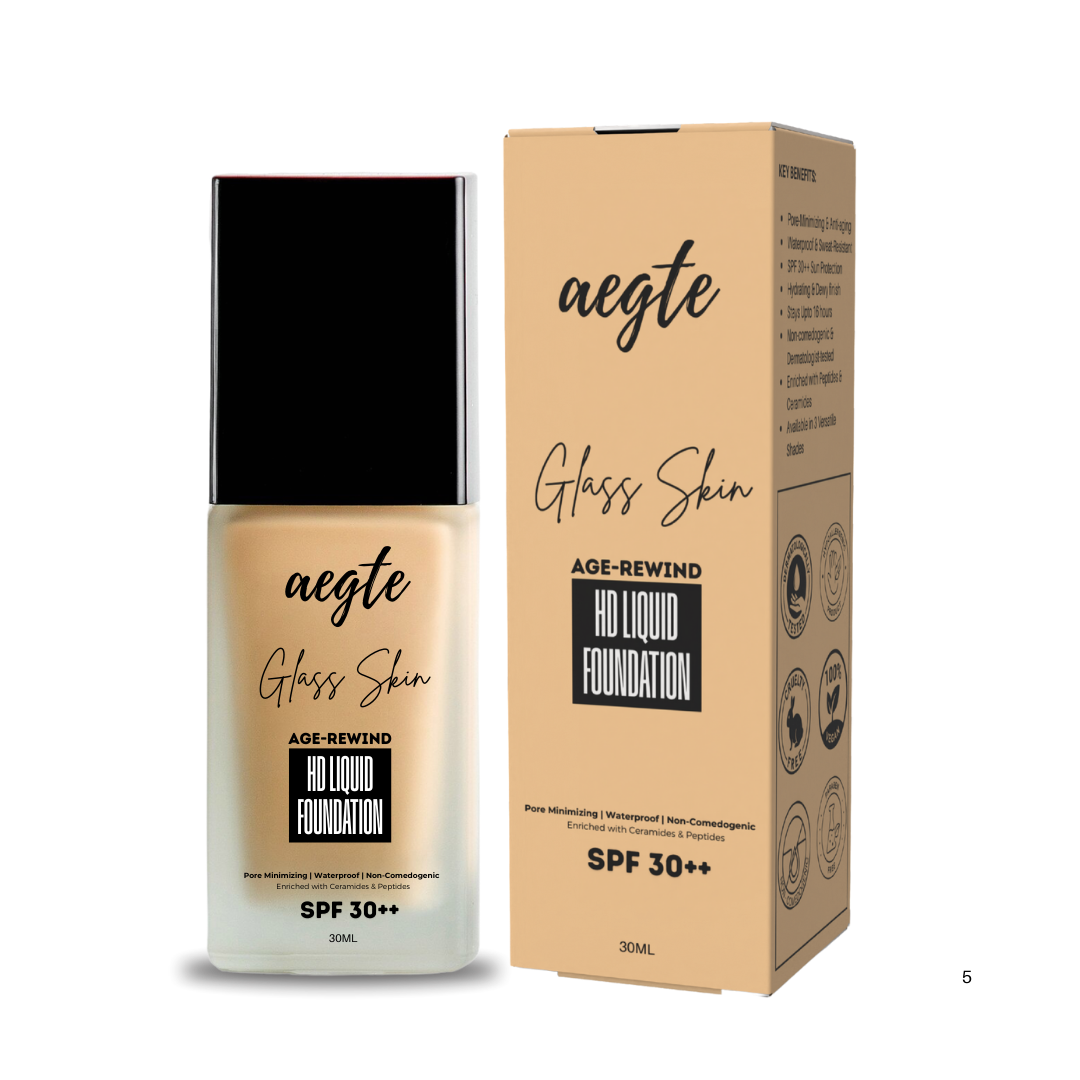 Aegte Glass Skin Age-Rewind HD Liquid Full Coverage Waterproof Foundation | Upto 16 Hours & SPF 30++