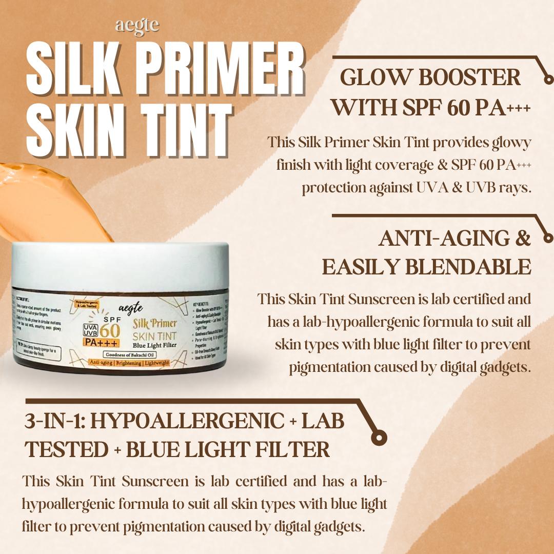 Aegte Blue Light Filter Silk Primer Skin Tint with SPF 60 PA+++ Anti-aging & Lightweight Tinted Sunscreen Hypoallergenic