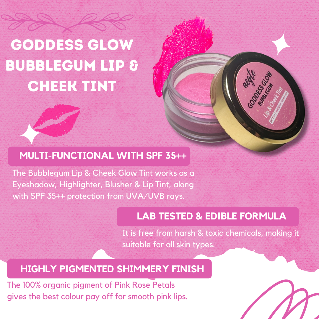 Aegte 4 in 1 Goddess Glow Bubblegum Lip & Cheek Tint Luminous Highlighter & Blusher with SPF 35++ Lightens Dark Lips Lab Certified