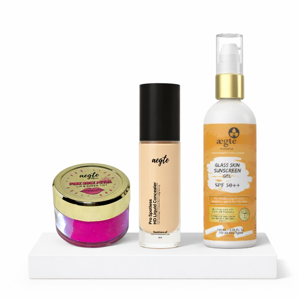 Aegte Organics Lip & Cheek Tint, Pro Spotless HD Liquid Full Coverage Concealer & Glass Skin Broad Spectrum Sunscreen Gel