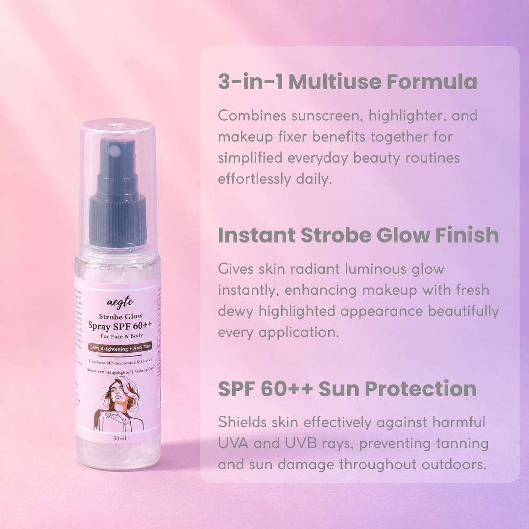 Aegte 3 in 1 Strobe Glow Spray SPF 60++ Sunscreen, Highlighter, Makeup Fixer