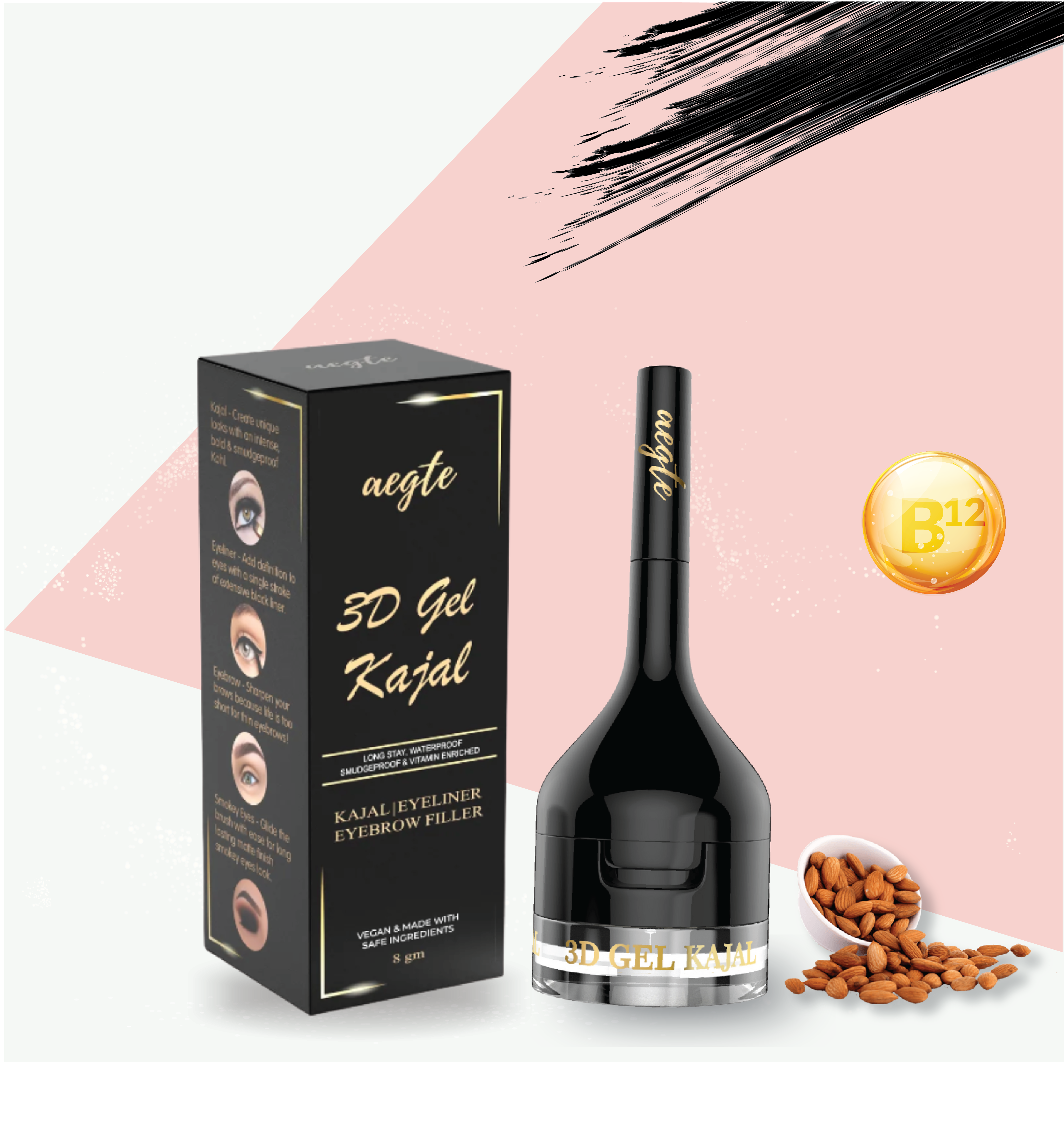 Aegte 3D Gel Kajal (3 in 1 Kajal-Gel Eyeliner-Eyebrow Filler) with Almond & Biotin 8gm