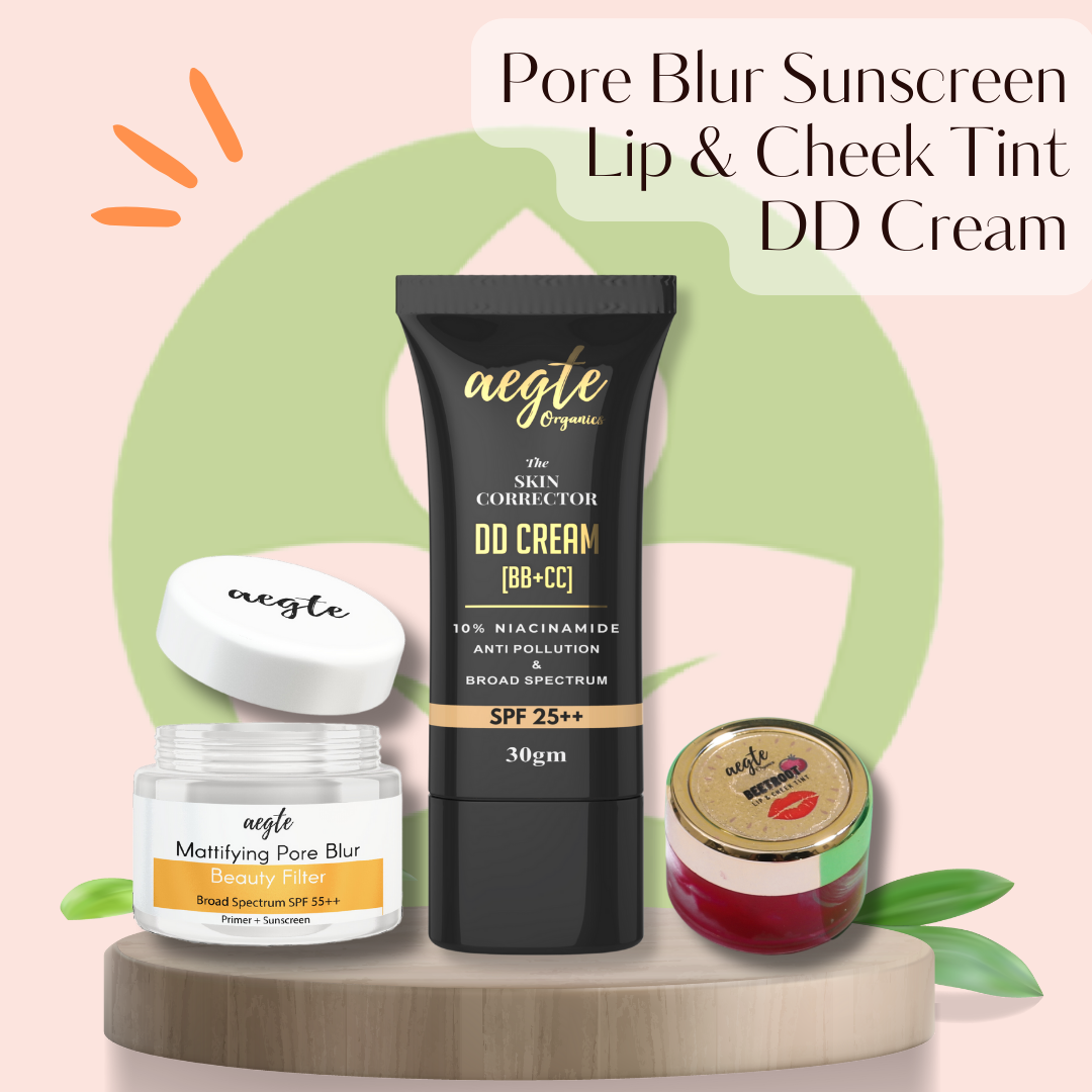 Founder's Favourites - Aegte Mattifying Pore Blur Primer + Sunscreen, Skin Corrector DD Cream & Lip and Cheek Tint