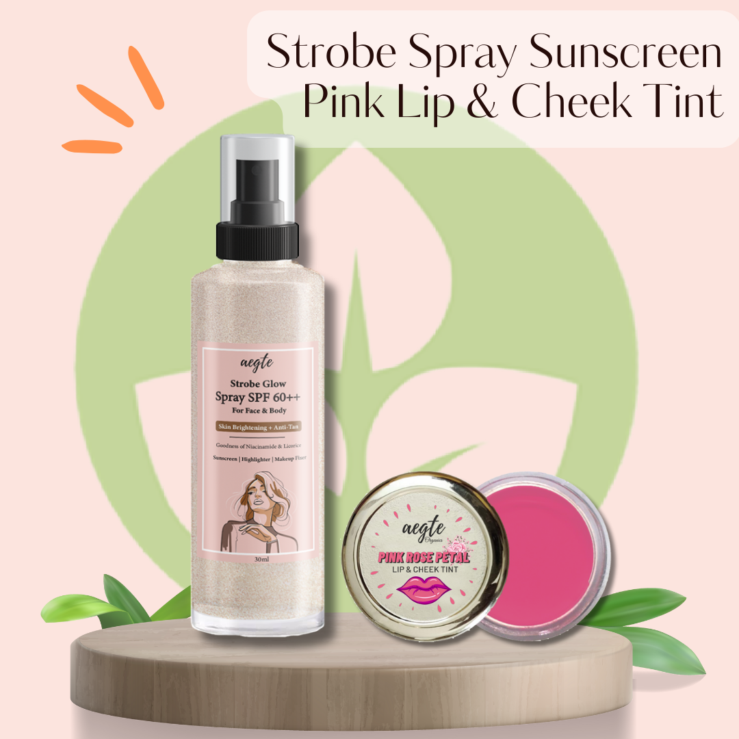 Aegte Organics Lip & Cheek Tint Balm & 3 in 1 Strobe Glow Spray SPF 60+++ Sunscreen
