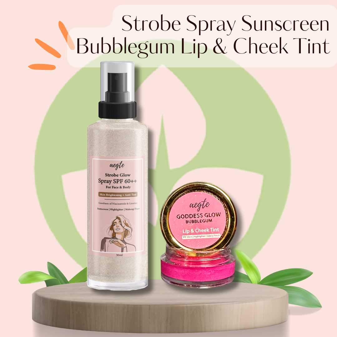 Aegte Organics Lip & Cheek Tint Balm & 3 in 1 Strobe Glow Spray SPF 60+++ Sunscreen