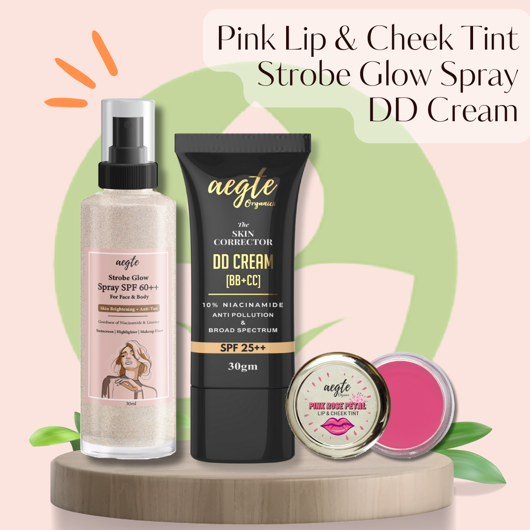 Aegte Organics Lip and Cheek Tint, Skin Corrector DD Cream & 3 in 1 Strobe Glow Spray SPF 60++