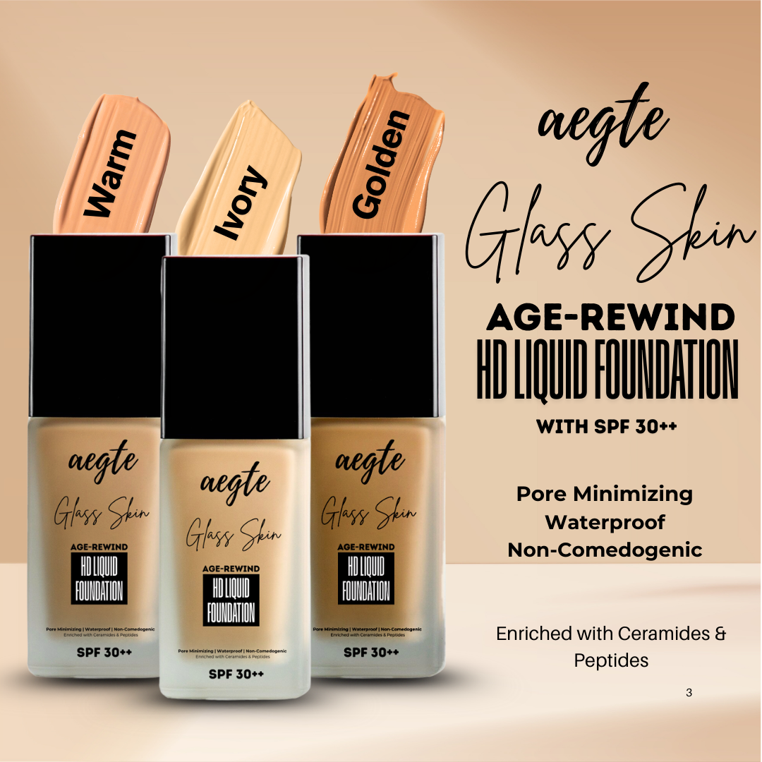 Aegte Glass Skin Age-Rewind HD Liquid Full Coverage Waterproof Foundation | Upto 16 Hours & SPF 30++
