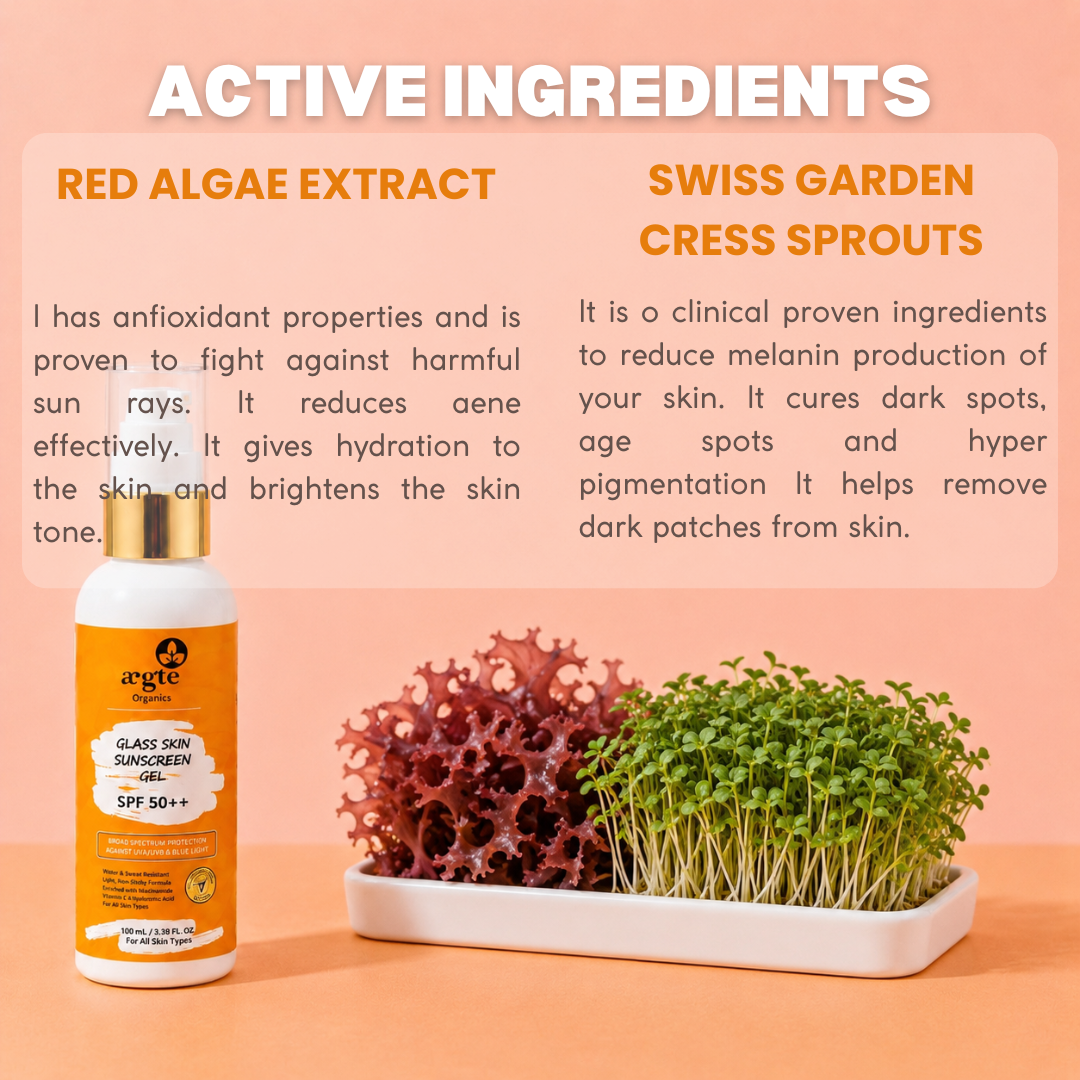 Aegte Glass Skin Broad Spectrum Sunscreen Gel SPF50++ with Peptides, Anti Blue Light & Anti Pollution formula - 100ML