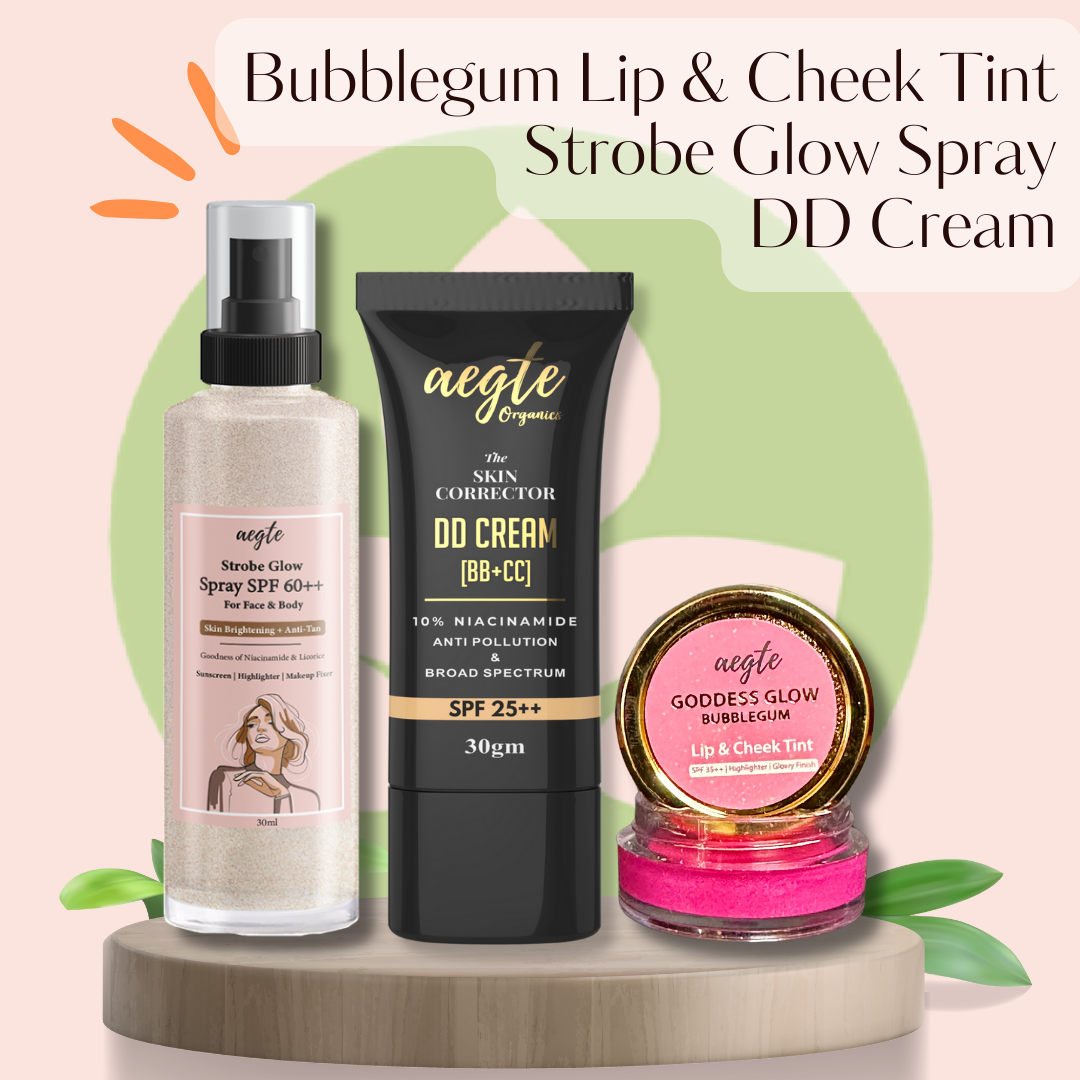 Aegte Organics Lip and Cheek Tint, Skin Corrector DD Cream & 3 in 1 Strobe Glow Spray SPF 60++