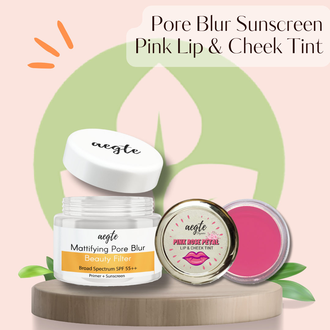 Aegte Lip and Cheek Tint Balm & Mattifying Pore Blur Beauty Filter Primer + Sunscreen with Broad Spectrum SPF 55++
