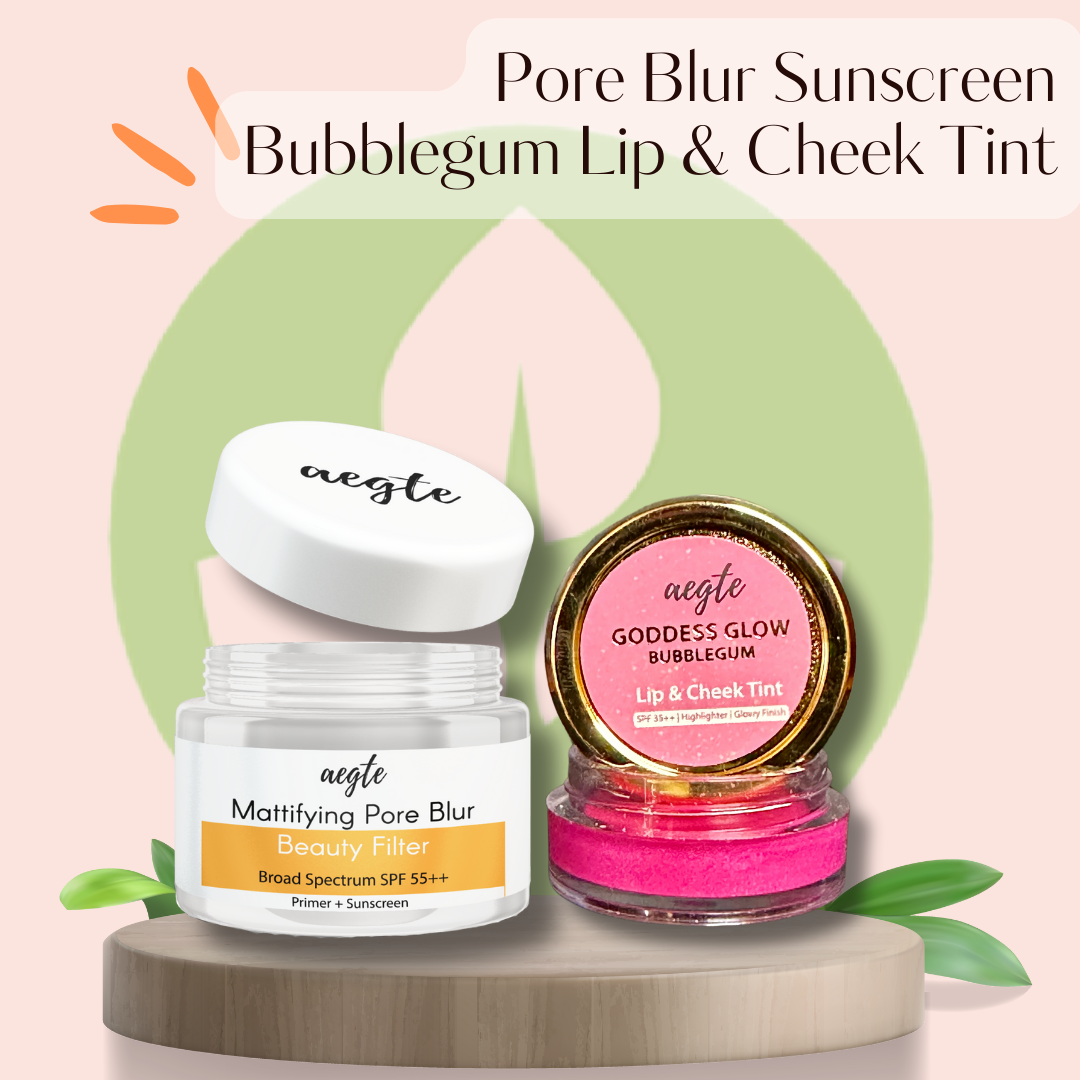 Aegte Lip and Cheek Tint Balm & Mattifying Pore Blur Beauty Filter Primer + Sunscreen with Broad Spectrum SPF 55++