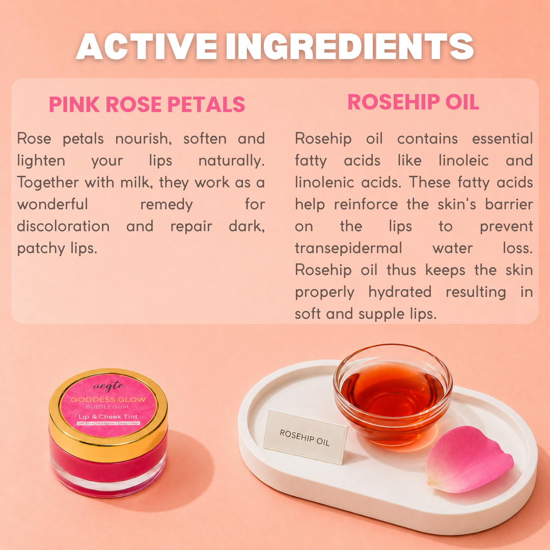 Aegte 4 in 1 Goddess Glow Bubblegum Lip & Cheek Tint Luminous Highlighter & Blusher with SPF 35++ Lightens Dark Lips Lab Certified