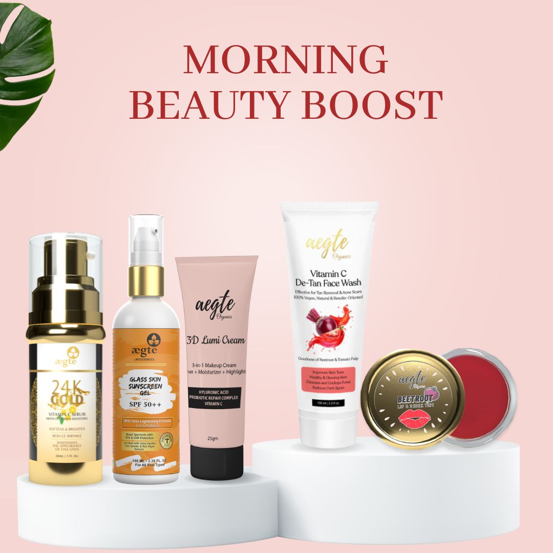 Aegte 24K Gold Vitamin C Serum + Glass Skin Sunscreen Gel + 3D Lumi Strobe Cream + Vitamin C De-Tan Face Wash + Beetroot Lip and Cheek Tint