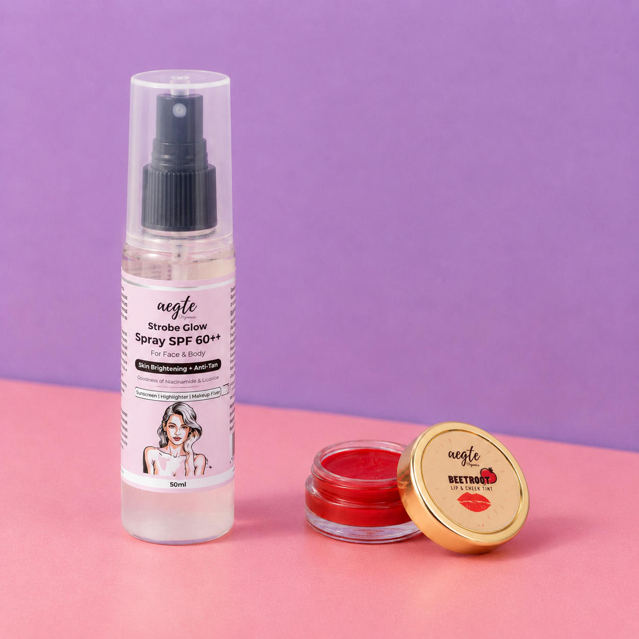 Aegte Organics Lip & Cheek Tint Balm & 3 in 1 Strobe Glow Spray SPF 60+++ Sunscreen