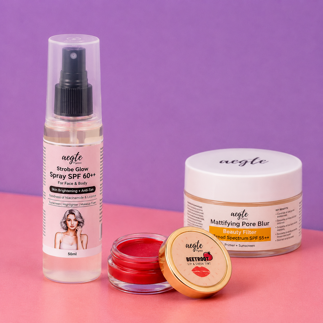 Aegte Organics Beetroot Lip and Cheek Tint Balm, Mattifying Pore Blur Beauty Filter Primer+ Sunscreen & 3 in 1 Strobe Glow Spray SPF 60+++