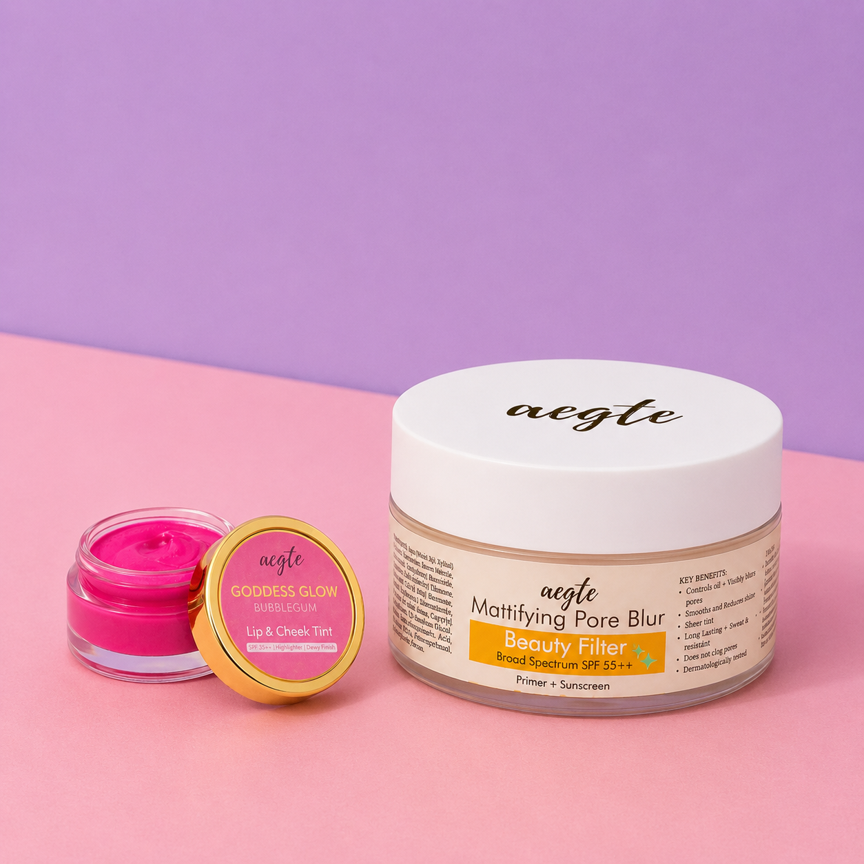 Aegte Lip and Cheek Tint Balm & Mattifying Pore Blur Beauty Filter Primer + Sunscreen with Broad Spectrum SPF 55++