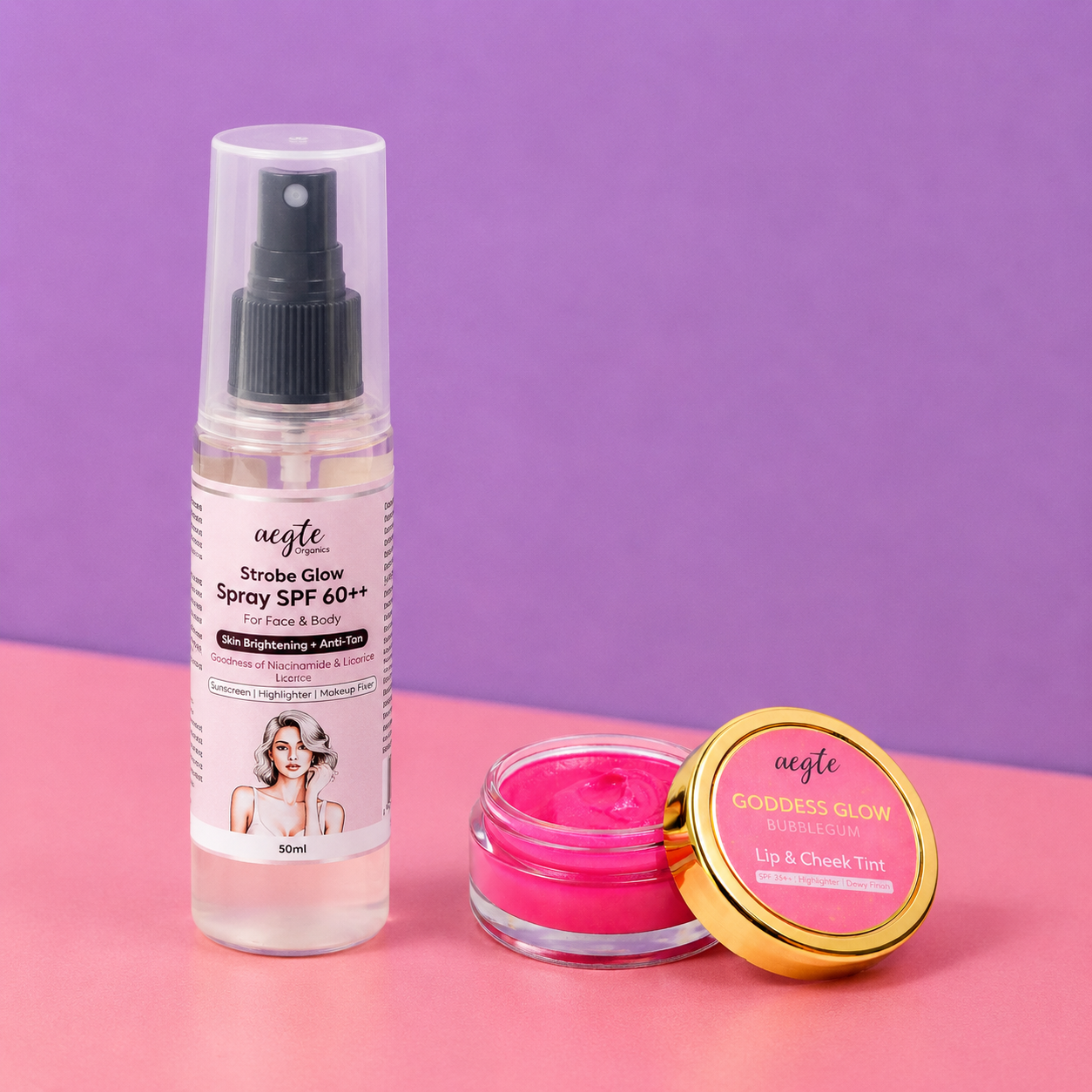 Aegte Organics Lip & Cheek Tint Balm & 3 in 1 Strobe Glow Spray SPF 60+++ Sunscreen