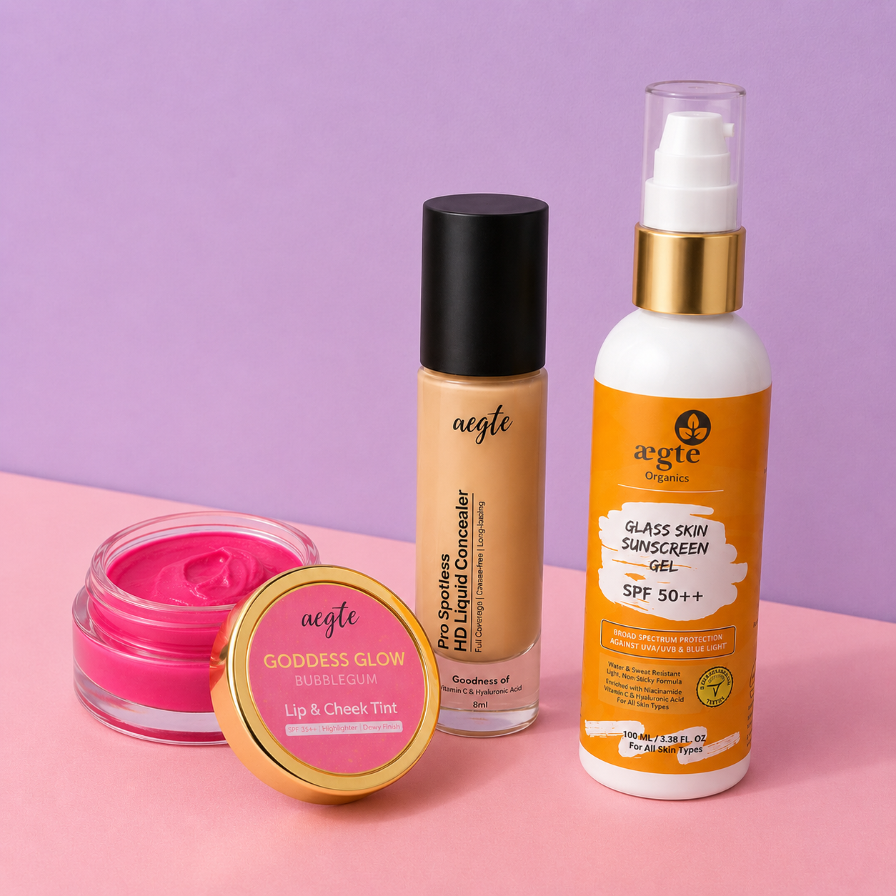 Aegte Organics Lip & Cheek Tint, Pro Spotless HD Liquid Full Coverage Concealer & Glass Skin Broad Spectrum Sunscreen Gel