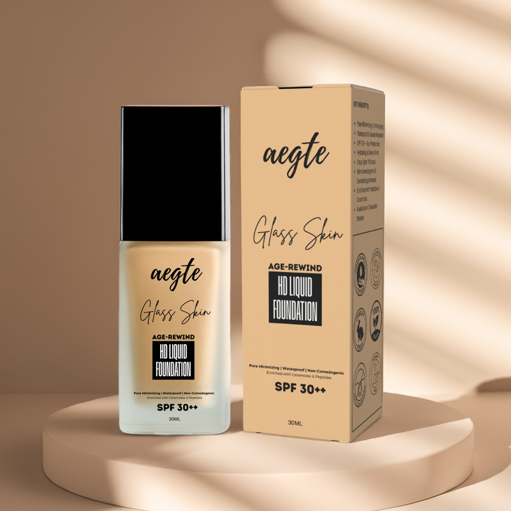 Aegte Glass Skin Age-Rewind HD Liquid Full Coverage Waterproof Foundation | Upto 16 Hours & SPF 30++