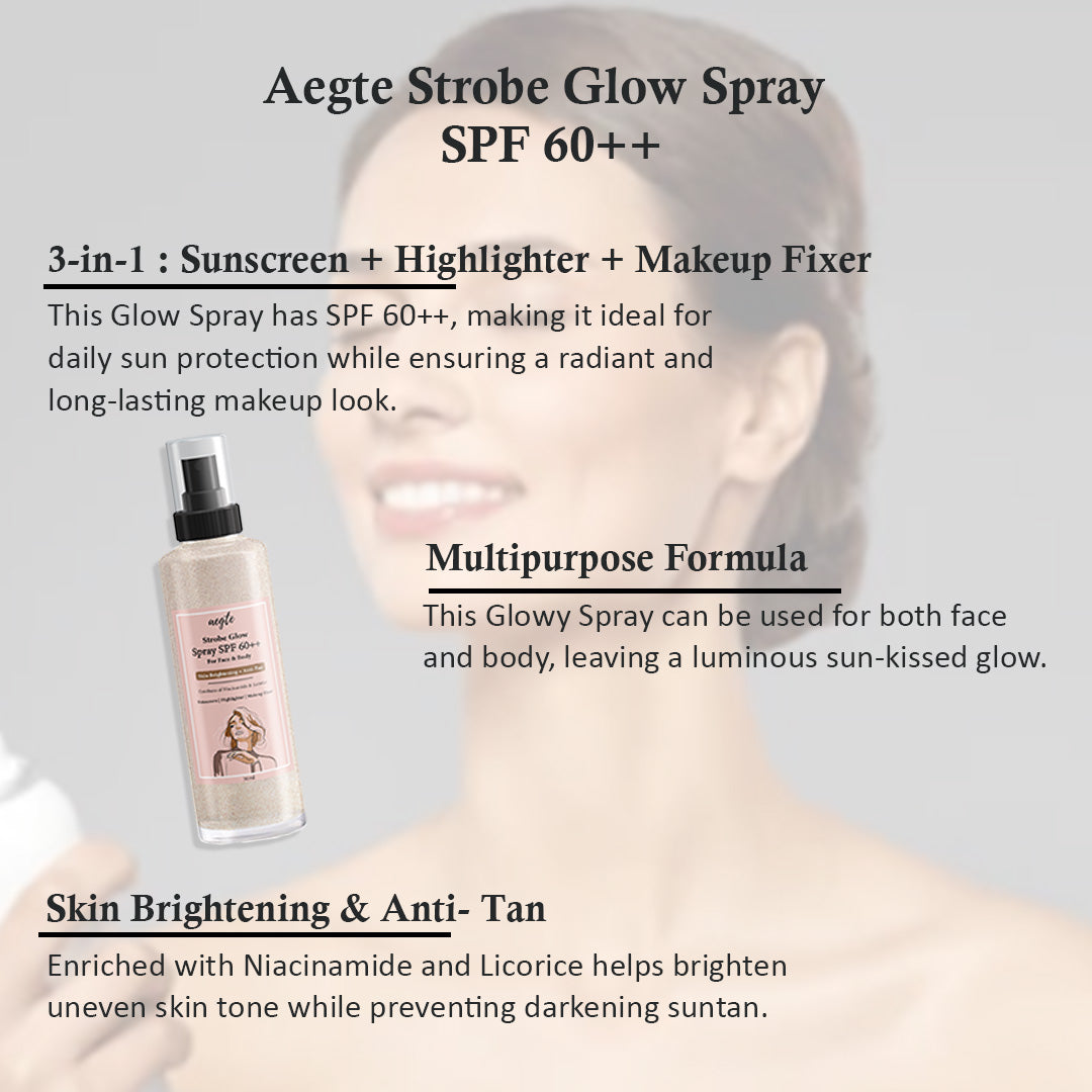 Aegte 3 in 1 Strobe Glow Spray SPF 60++ Sunscreen, Highlighter, Makeup Fixer