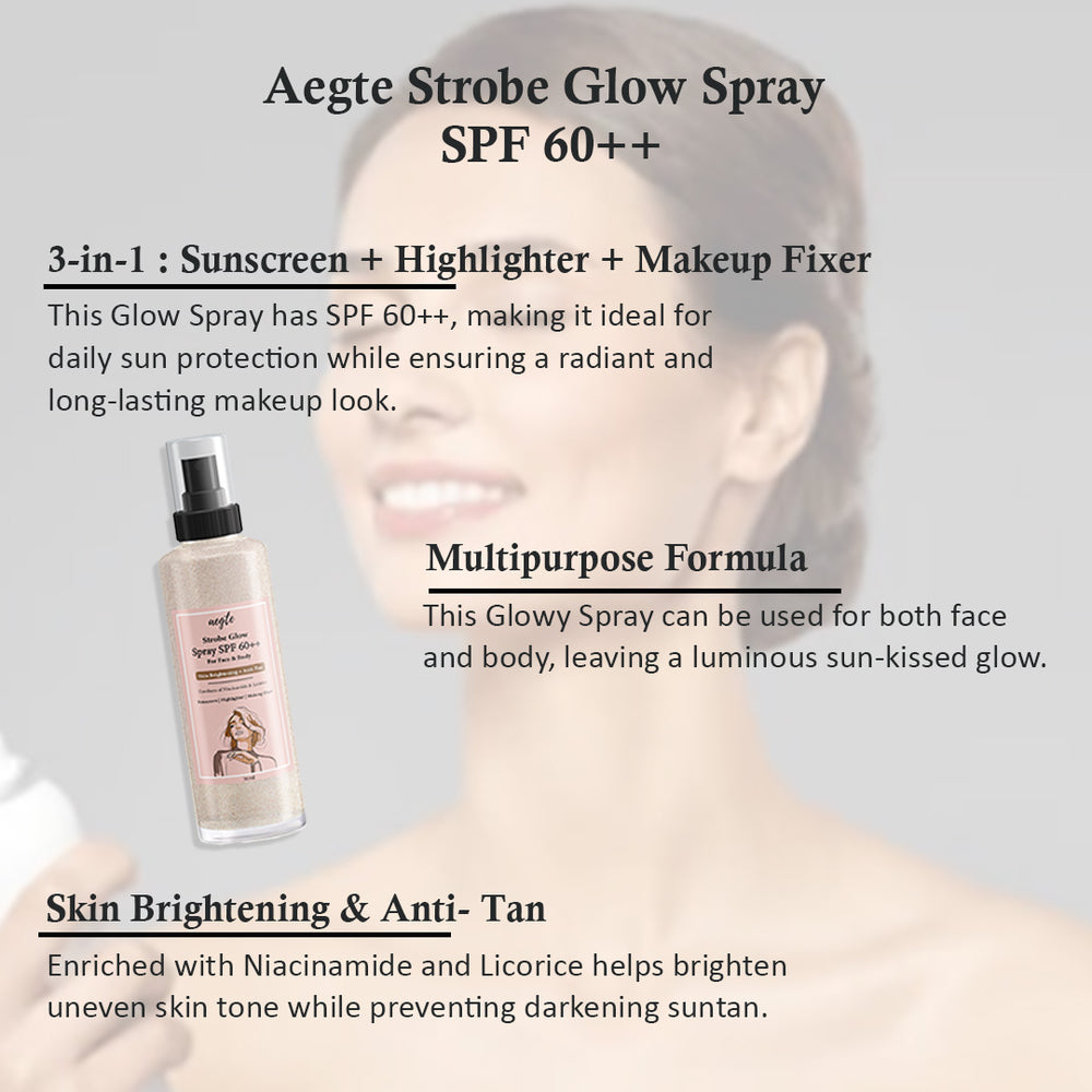 Aegte 3 in 1 Strobe Glow Spray SPF 60++, Intense Coverage BB + Foundation Strobe Cream & Organics Lip and Cheek Tint