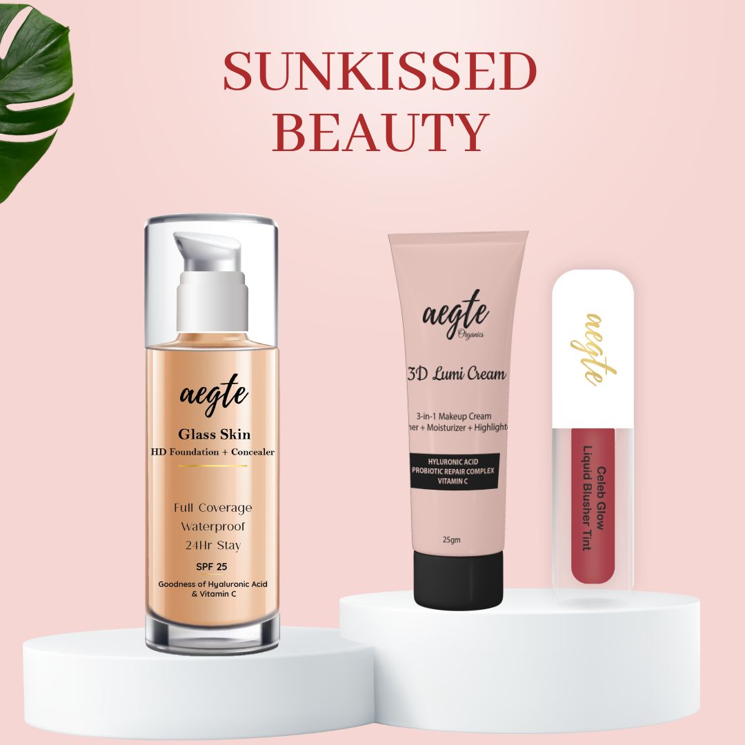 Aegte 3D Lumi Strobe Cream + Celeb Glow Liquid Blusher Tint + Glass Skin HD Foundation