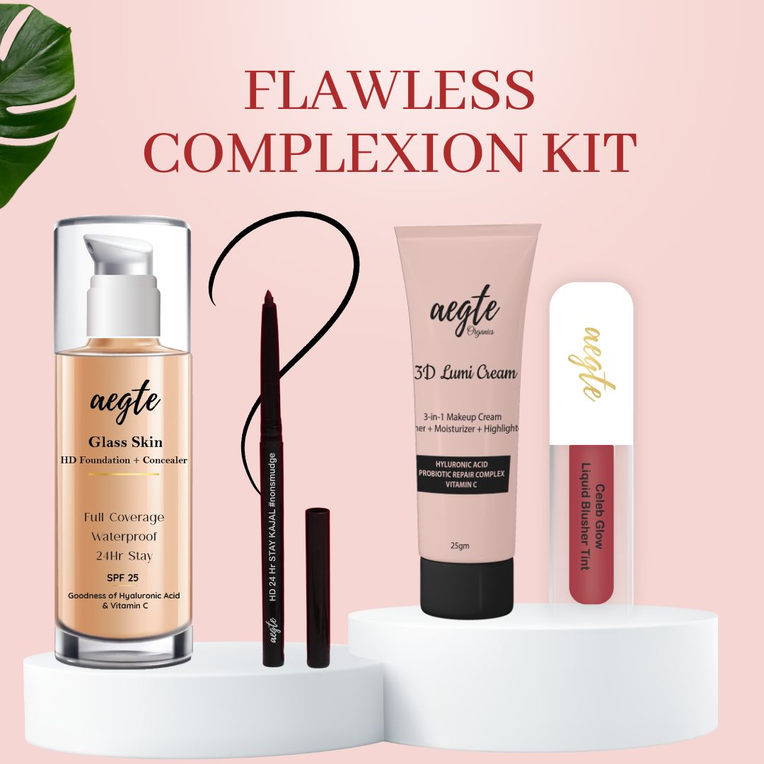 Aegte 3D Lumi Strobe Cream, Glass Skin Liquid HD Foundation, Celeb Glow Liquid Blusher Tint & HD Kajal