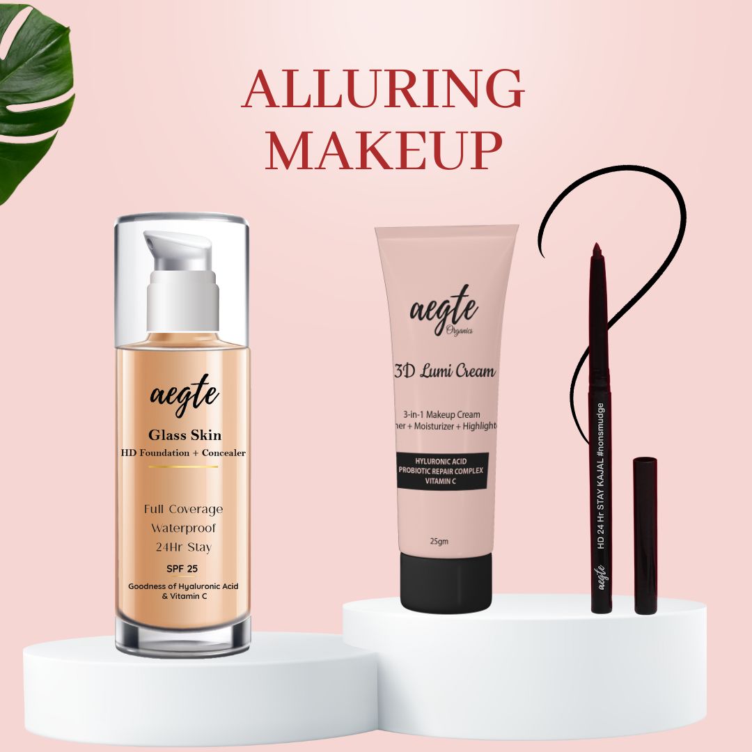 Aegte Glass Skin Liquid HD Foundation, 3D Lumi Strobe Cream & HD 24hr Stay Kajal
