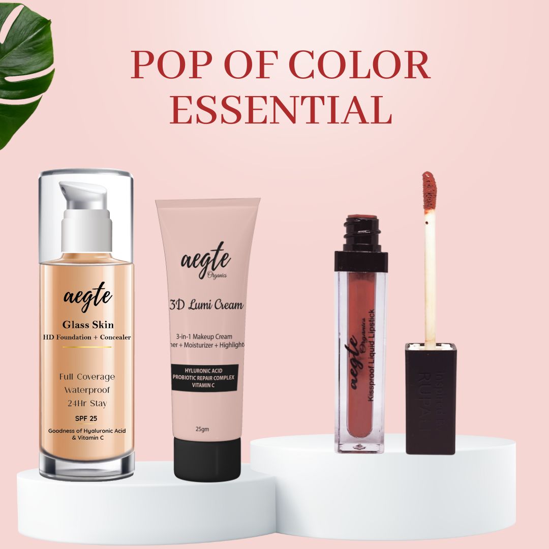 Aegte 3D Lumi Cream, Glass Skin Liquid HD Foundation & Kissproof Matte Liquid Lipstick