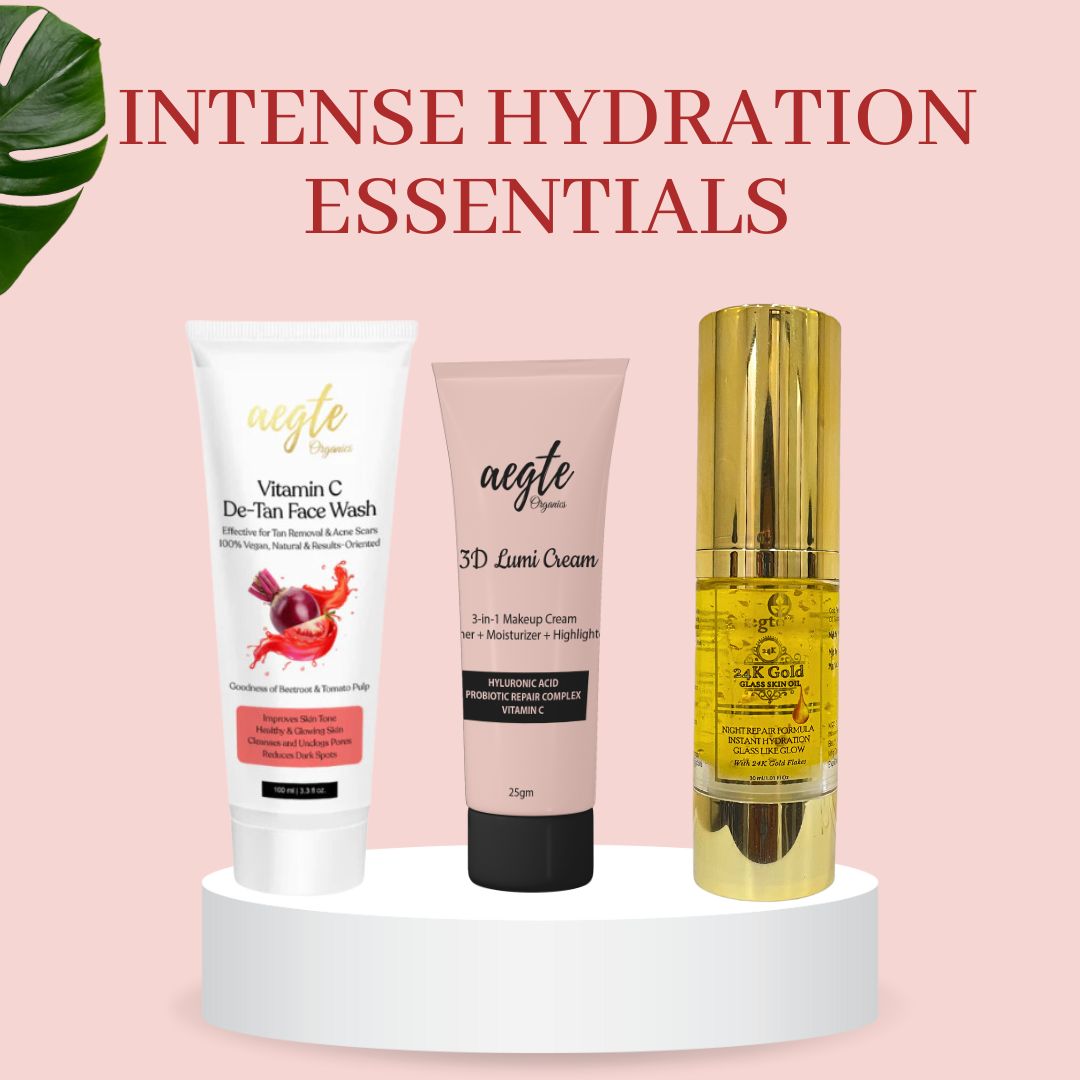 Aegte 3D Lumi Strobe Cream + Vitamin C De-Tan Face Wash + 24K Gold Glass Skin Oil