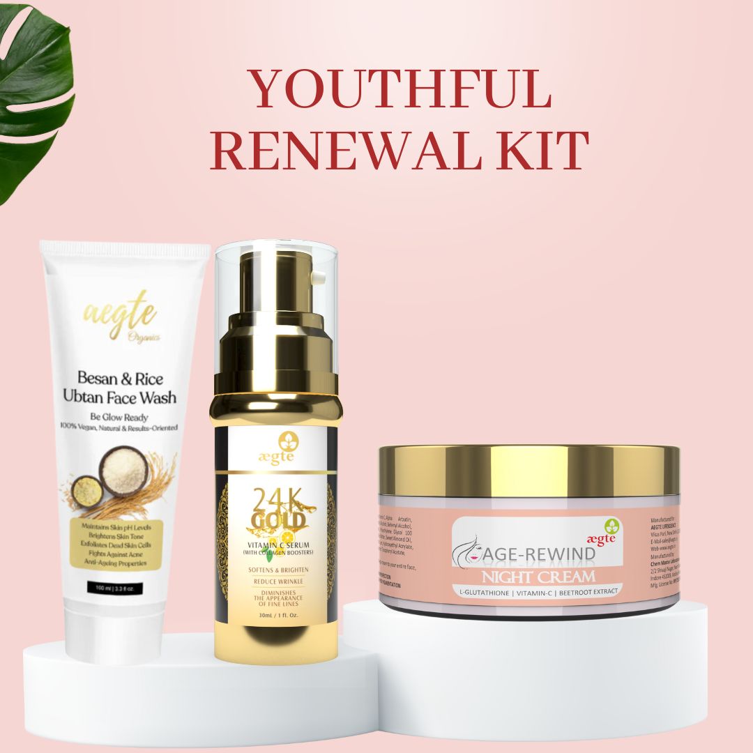 Aegte Besan & Rice Ubtan Face Wash + 24K Gold Vitamin C Serum + Age Rewind L-Glutathione Skin Lightening Night Cream