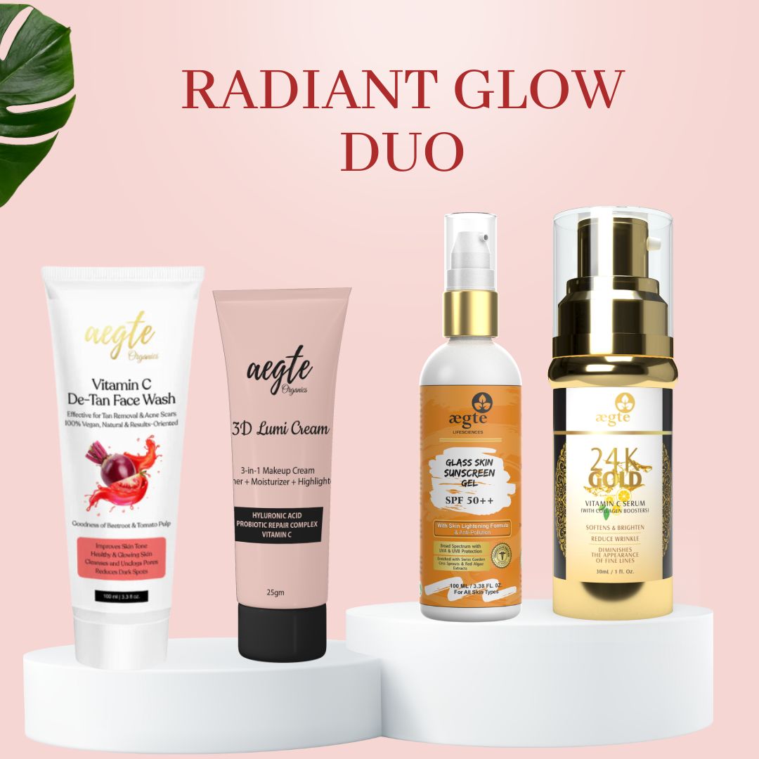 Aegte 3D Lumi Strobe Cream + Aegte Organics Vitamin C De-Tan Face Wash + Aegte 24K Gold Vitamin C Serum + Aegte Glass Skin Broad Spectrum Sunscreen Gel SPF50++