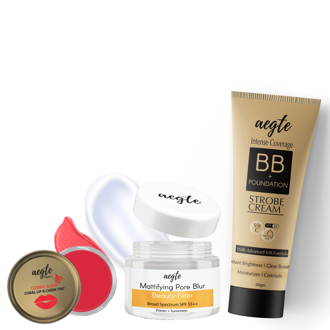 Aegte Intense Coverage BB + Foundation Strobe Cream, Beauty Filter Primer + Sunscreen & Coral Lip & Cheek Tint