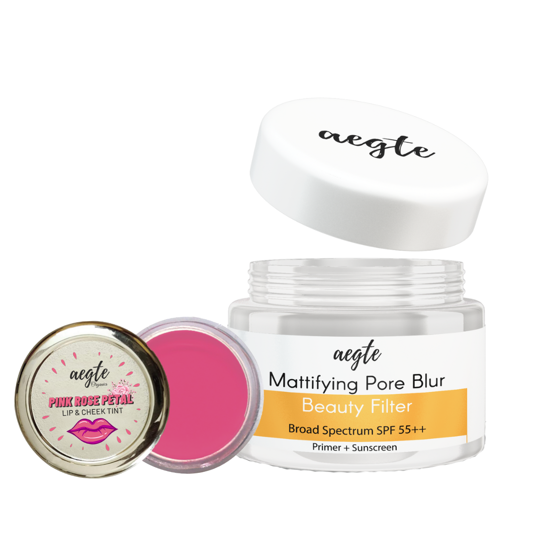 Aegte Lip and Cheek Tint Balm & Mattifying Pore Blur Beauty Filter Primer + Sunscreen with Broad Spectrum SPF 55++