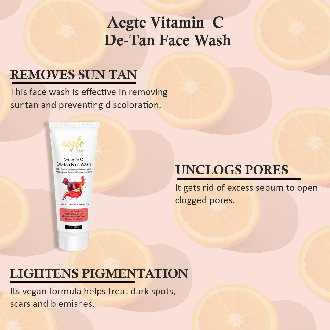 Aegte 24K Gold Vitamin C Serum with Collagen Booster + Aegte Organics Vitamin C De-Tan Face Wash + Aegte Glass Skin Broad Spectrum Sunscreen Gel SPF50++