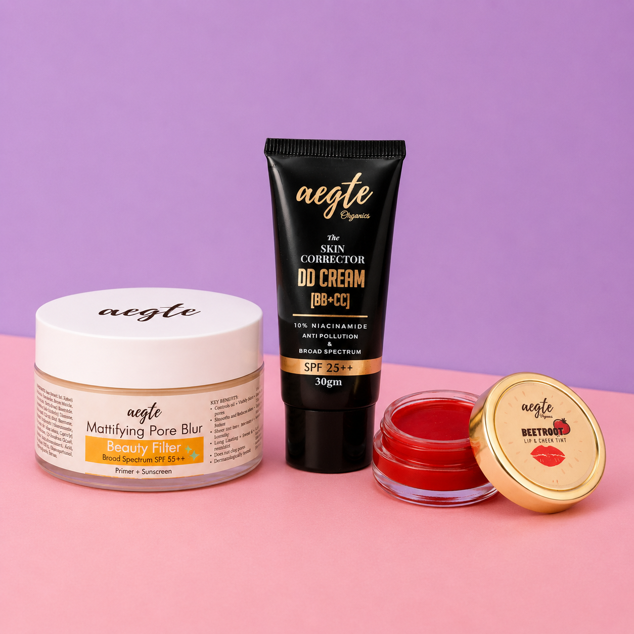 Founder's Favourites - Aegte Mattifying Pore Blur Primer + Sunscreen, Skin Corrector DD Cream & Lip and Cheek Tint
