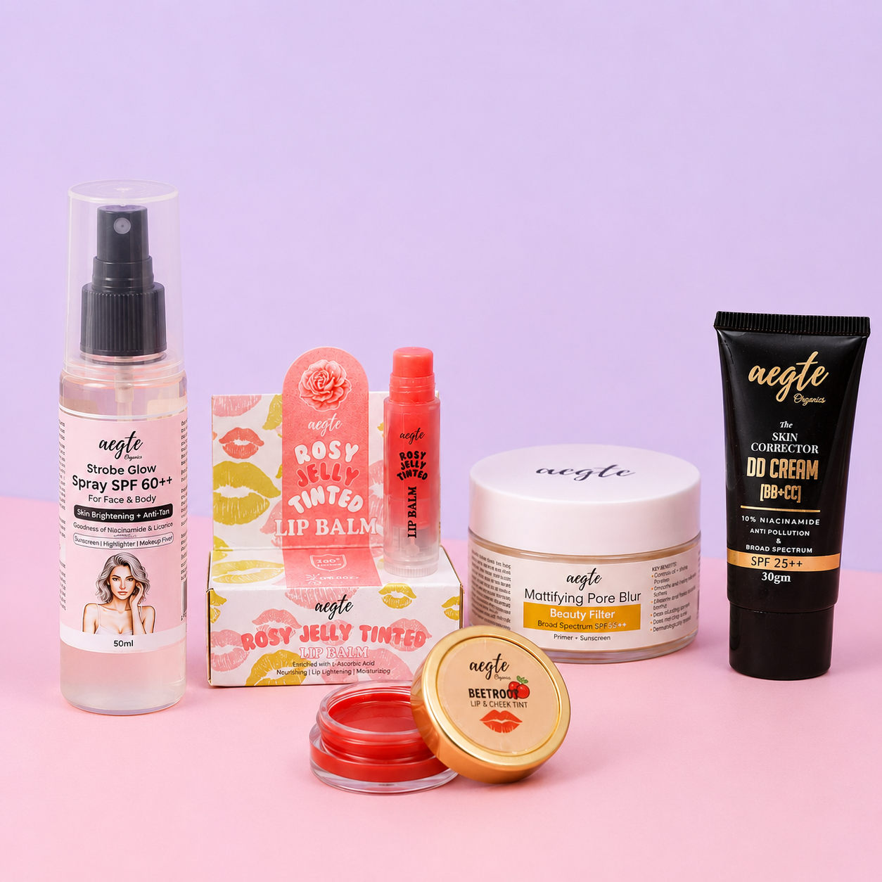 Aegte Organics Lip & Cheek Tint Balm, Skin Corrector DD Cream, 3 in 1 Strobe Glow Spray SPF 60++, Mattifying Pore Blur Beauty Filter Primer + Sunscreen & 360° Protect Jelly Tinted Lip Lightening Treatment Balm SPF 30++