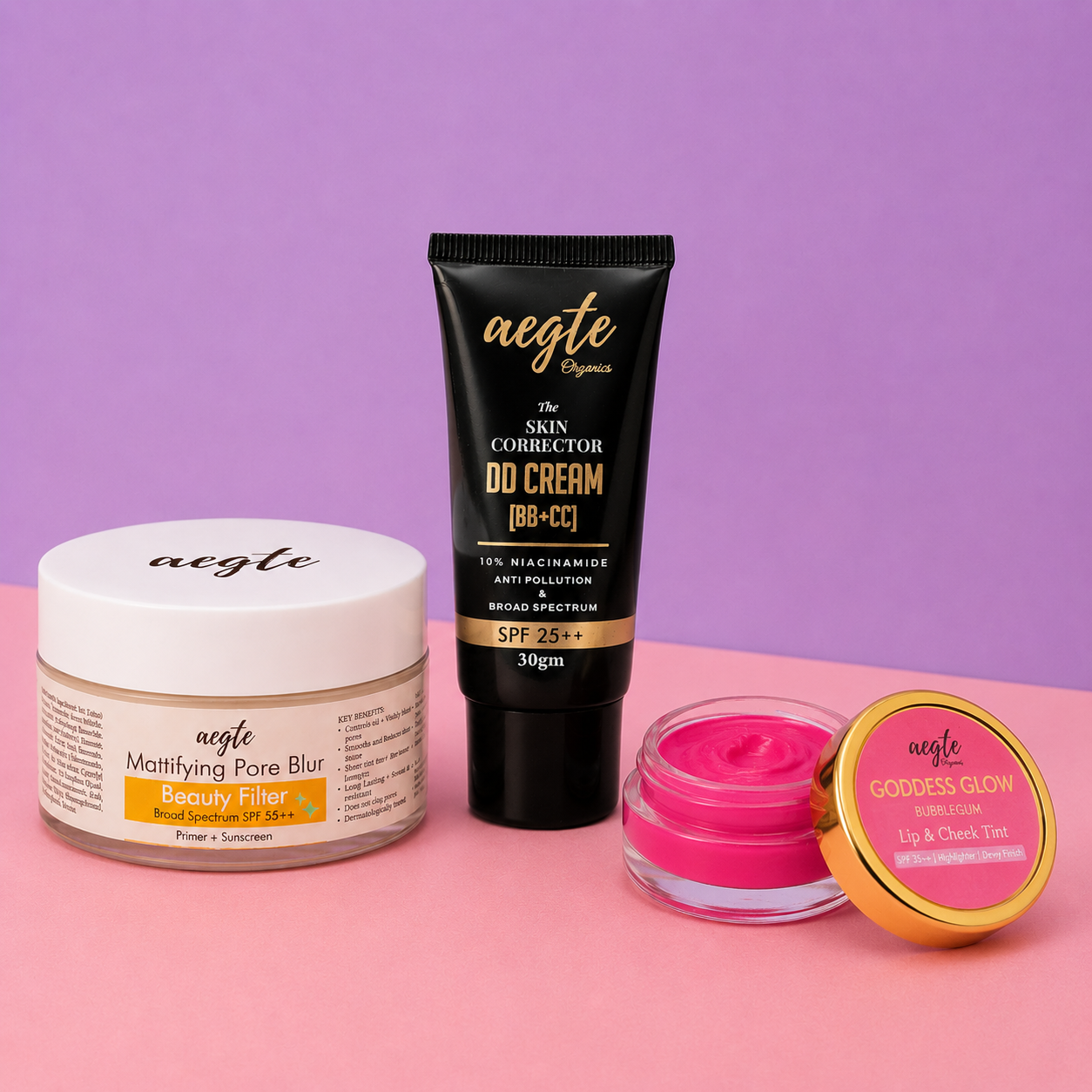 Founder's Favourites - Aegte Mattifying Pore Blur Primer + Sunscreen, Skin Corrector DD Cream & Lip and Cheek Tint