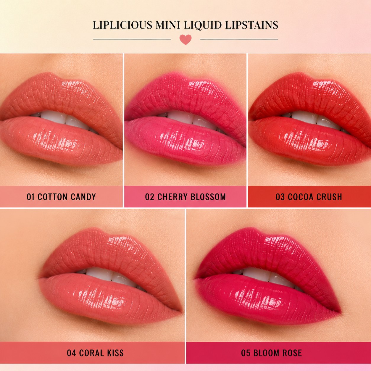 Liplicious Lead Free Mini Liquid Lipstains (Pack of 5) - 5 Shades (Cotton Candy, Cherry Blossom, Cocoa Crush, Coral Kiss & Bloom Rose)