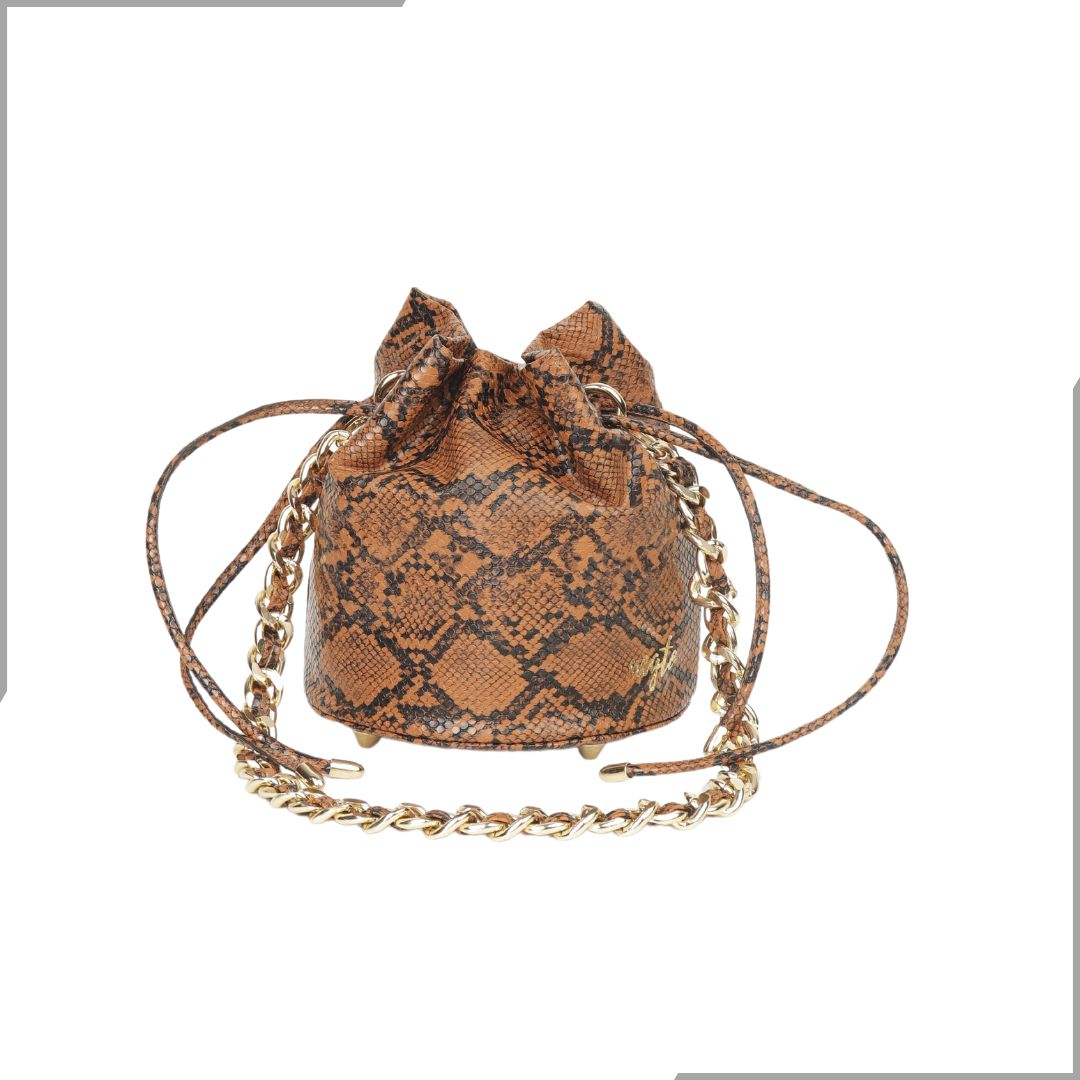 Aegte Snake Print Potli Round Bag with Golden Convertible Chain Strap & Long Sling Carry Belt (7870765957333)