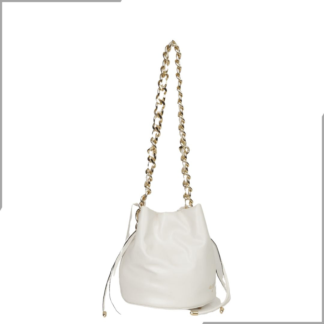 Aegte Feathery White Potli Round Bag with Golden Convertible Chain Strap & Long Sling Carry Belt (7794664866005)