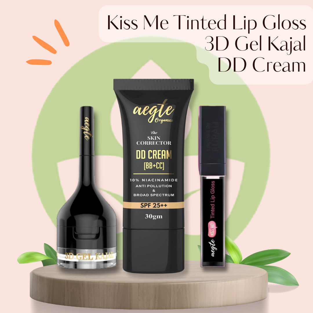 Aegte Kiss Me Magic pH Tinted Lip Gloss with SPF 25++, 3D Gel Kajal (3 in 1 Kajal-Gel Eyeliner-Eyebrow Filler) & Skin Corrector DD Cream