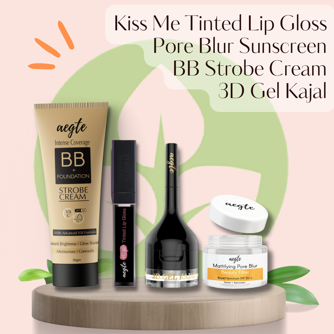 Aegte Kiss Me Magic pH Tinted Lip Gloss, Intense Coverage BB + Foundation Strobe Cream, Mattifying Pore Blur Beauty Filter Primer + Sunscreen & 3D Gel Kajal (3 in 1 Kajal-Gel Eyeliner-Eyebrow Filler)