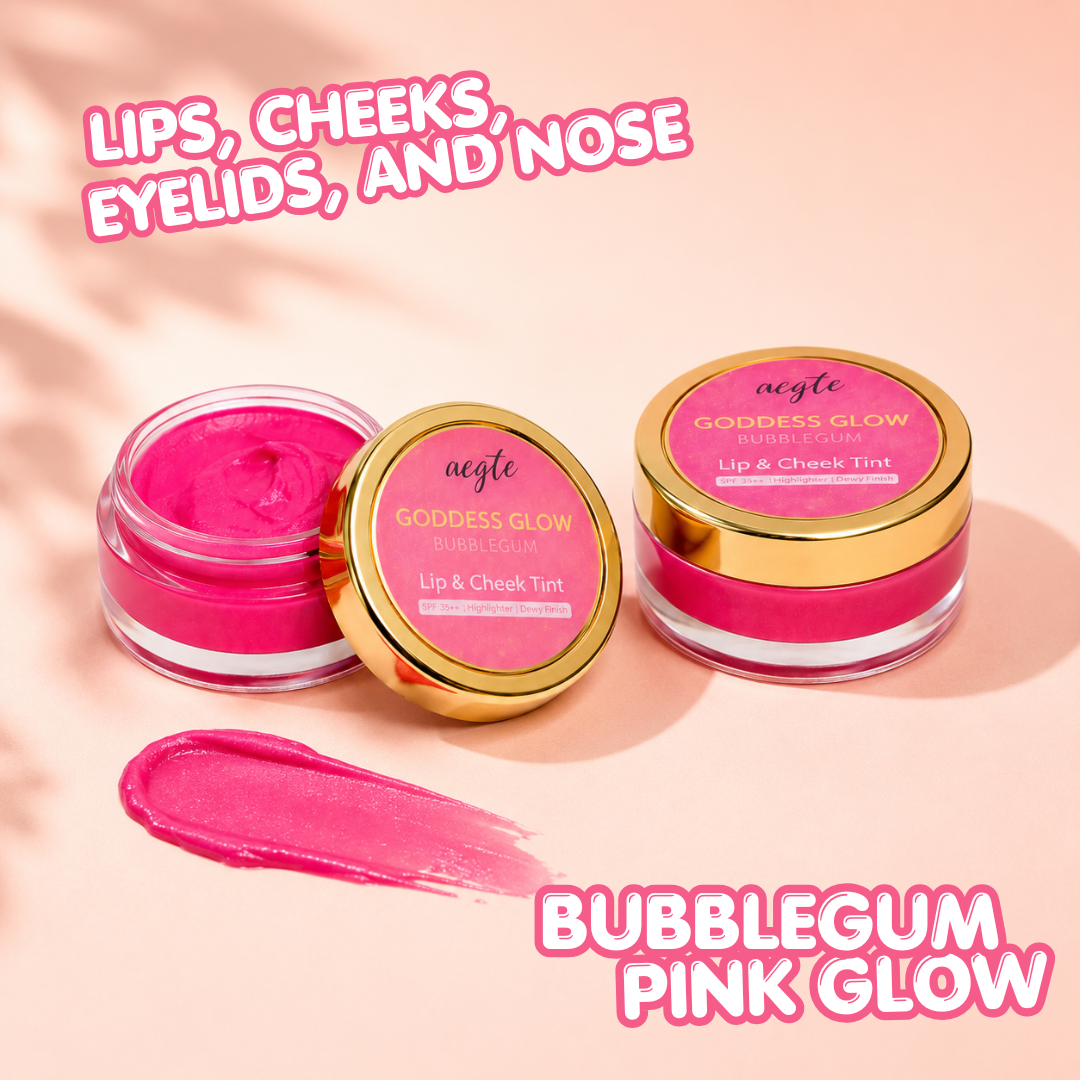 Aegte 4 in 1 Goddess Glow Bubblegum Lip & Cheek Tint Luminous Highlighter & Blusher with SPF 35++ Lightens Dark Lips Lab Certified