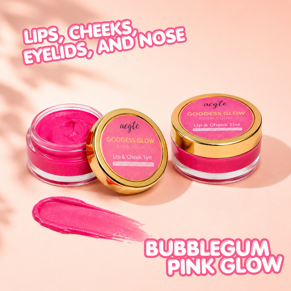 Aegte 4 in 1 Goddess Glow Bubblegum Lip & Cheek Tint Luminous Highlighter & Blusher with SPF 35++ Lightens Dark Lips Lab Certified