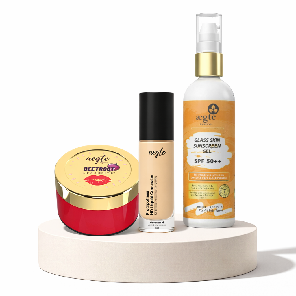 Aegte Organics Lip & Cheek Tint, Pro Spotless HD Liquid Full Coverage Concealer & Glass Skin Broad Spectrum Sunscreen Gel