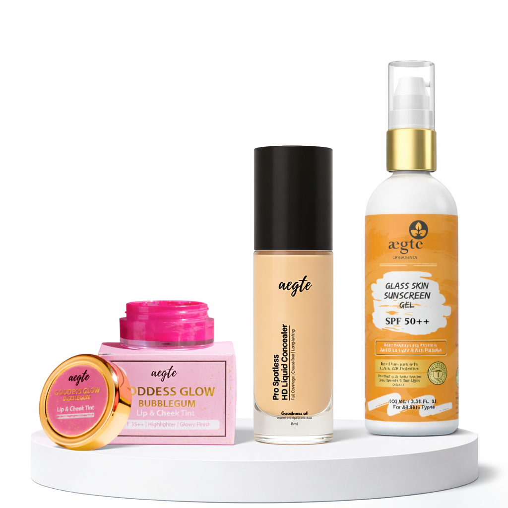 Aegte Organics Lip & Cheek Tint, Pro Spotless HD Liquid Full Coverage Concealer & Glass Skin Broad Spectrum Sunscreen Gel