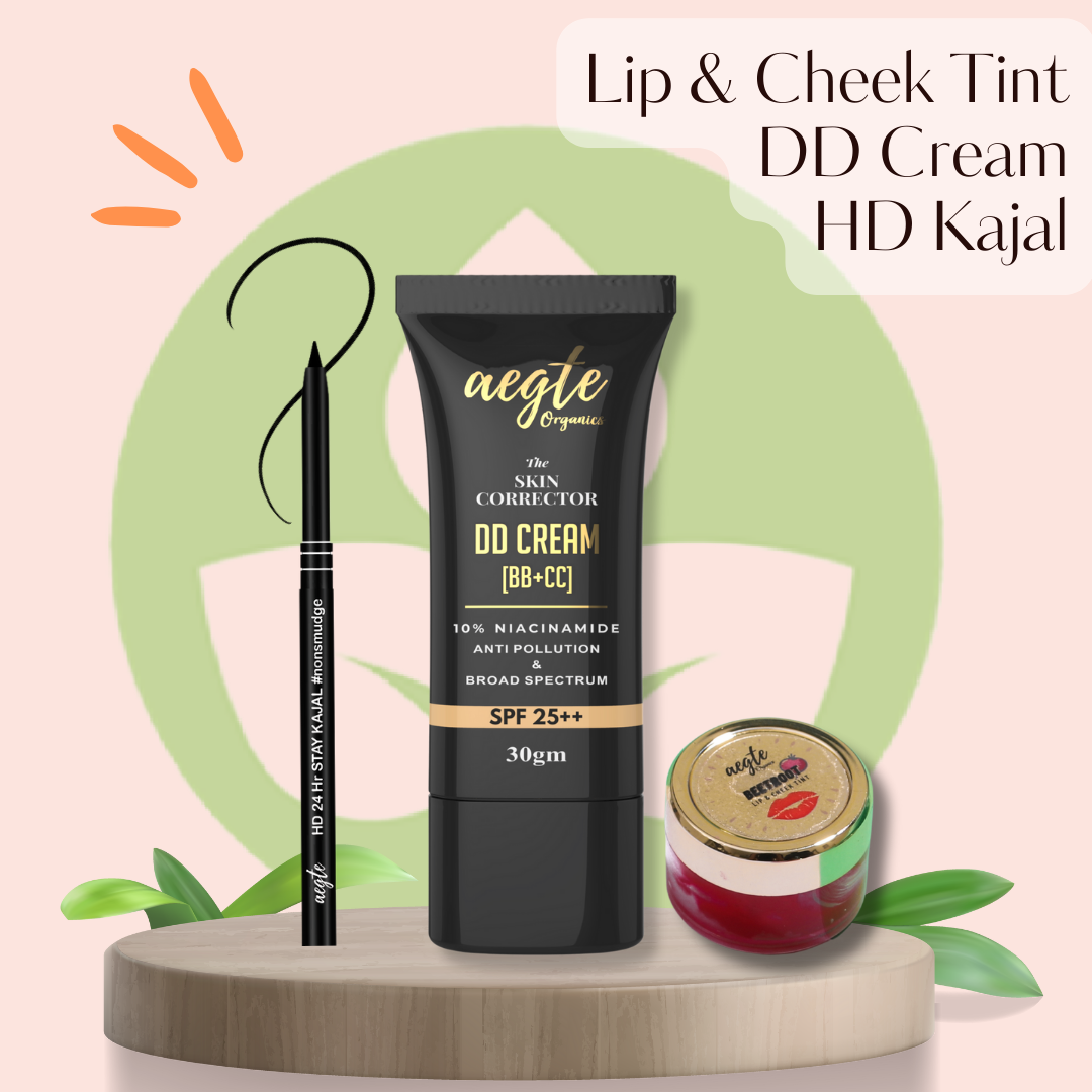 Aegte Lip and Cheek Tint Balm & Skin Corrector DD Cream & #nonsmudge HD 24hr Stay Kajal