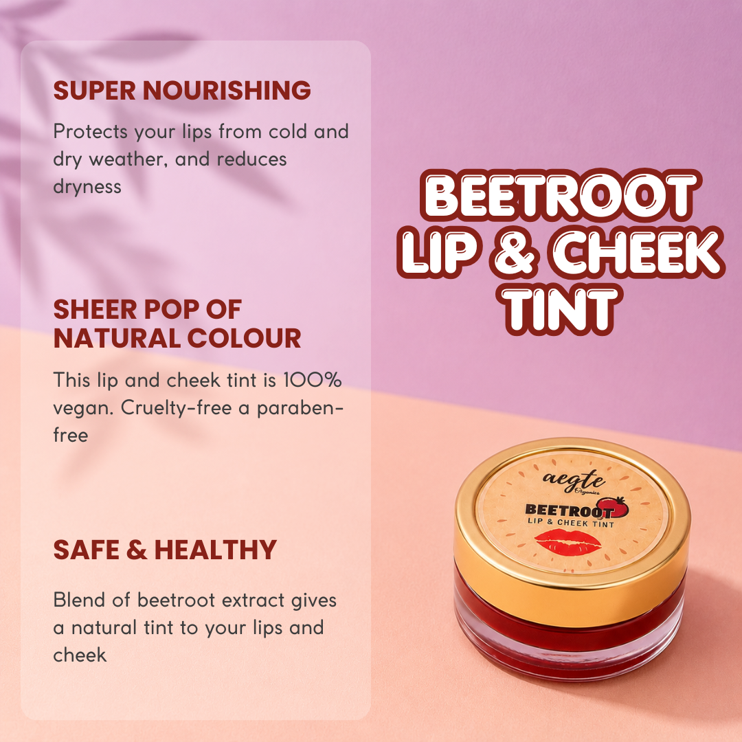 Aegte Organics Beetroot Lip and Cheek Tint Balm, Mattifying Pore Blur Beauty Filter Primer+ Sunscreen & 3 in 1 Strobe Glow Spray SPF 60+++