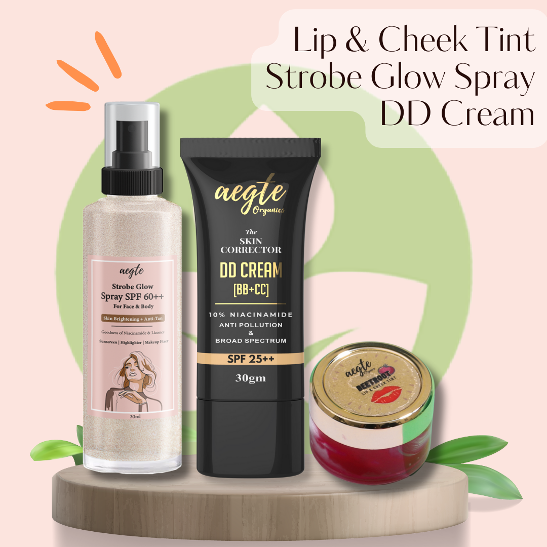 Aegte Organics Lip and Cheek Tint, Skin Corrector DD Cream & 3 in 1 Strobe Glow Spray SPF 60++